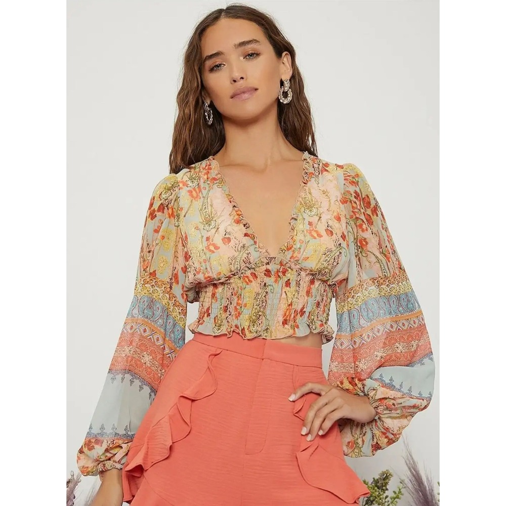 Floral Crop Top Women M Orange Boho Smocked Ruffle V-Neck Fairy Balloon Sleeves